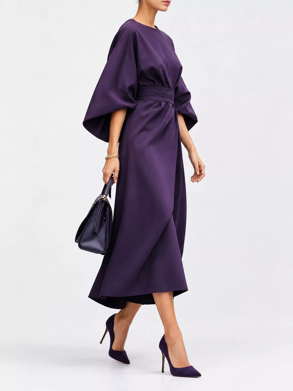 Purple belted midi dress shown in profile: kimono sleeves, high-waist gathered belt