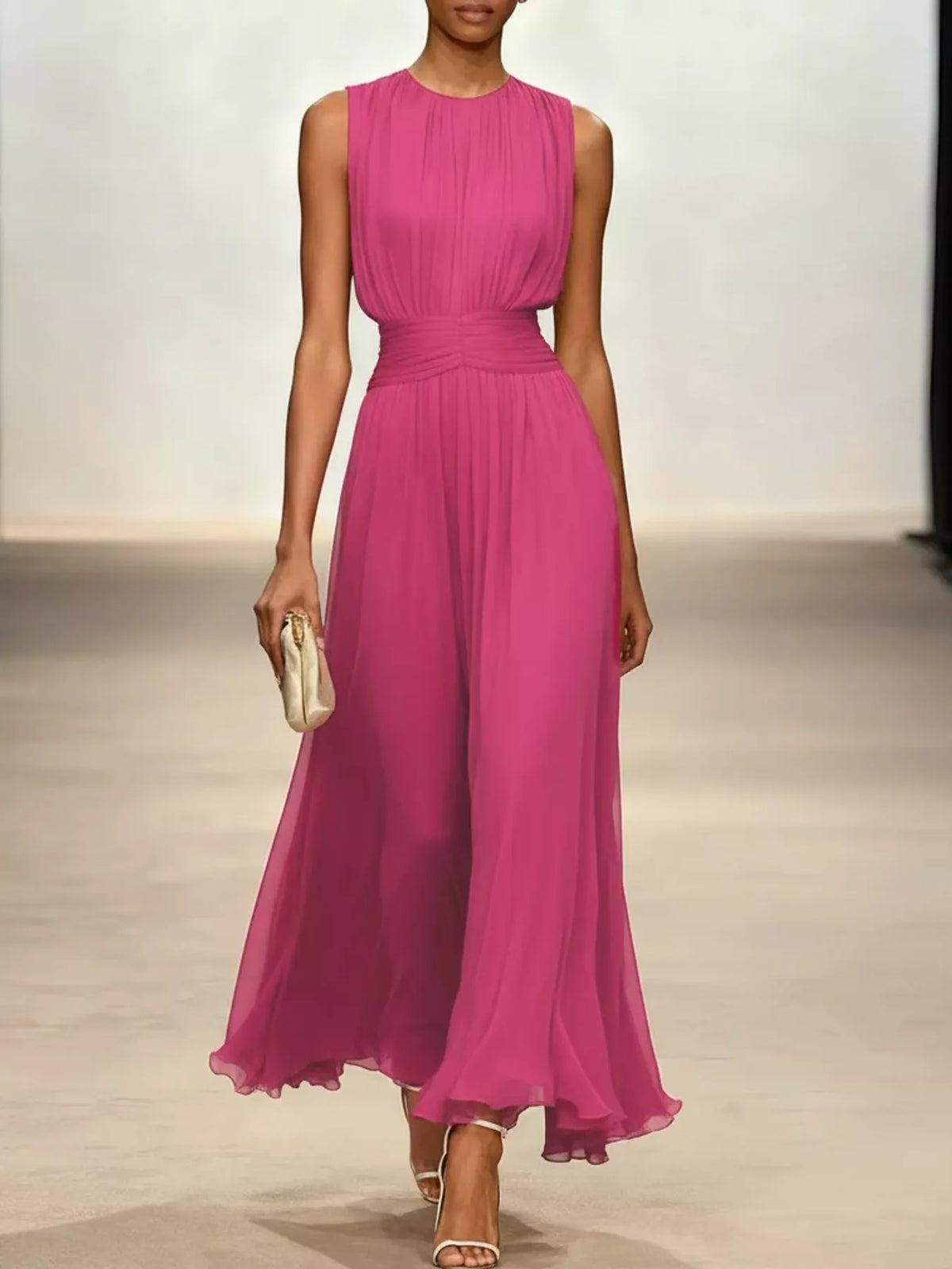 Pink sleeveless ruched chiffon maxi dress with high neckline and gathered waist