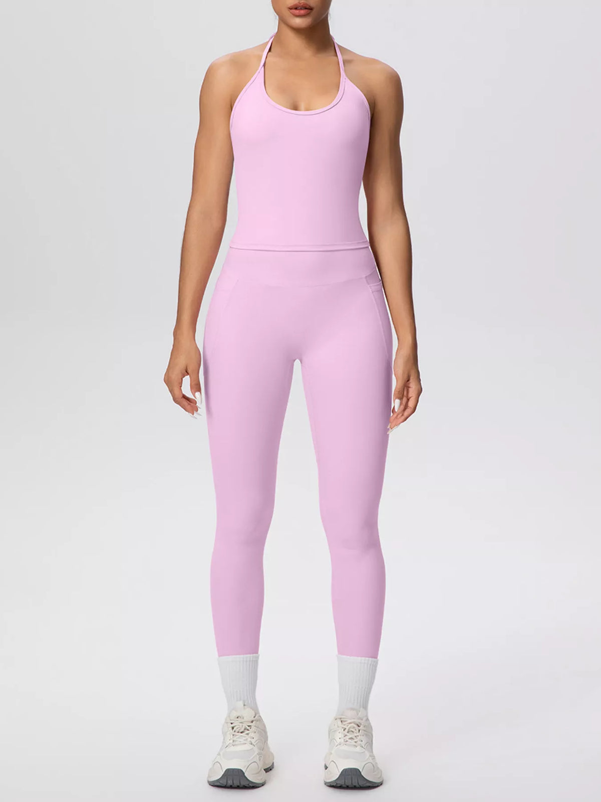 Two-piece halter top and legging set, blush pink, racer halter and fitted leggings