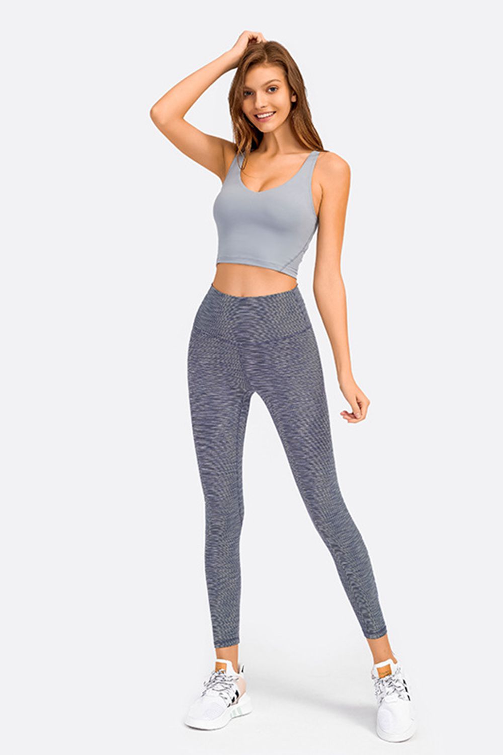 Light blue crop sports bra with V-neck and racerback straps