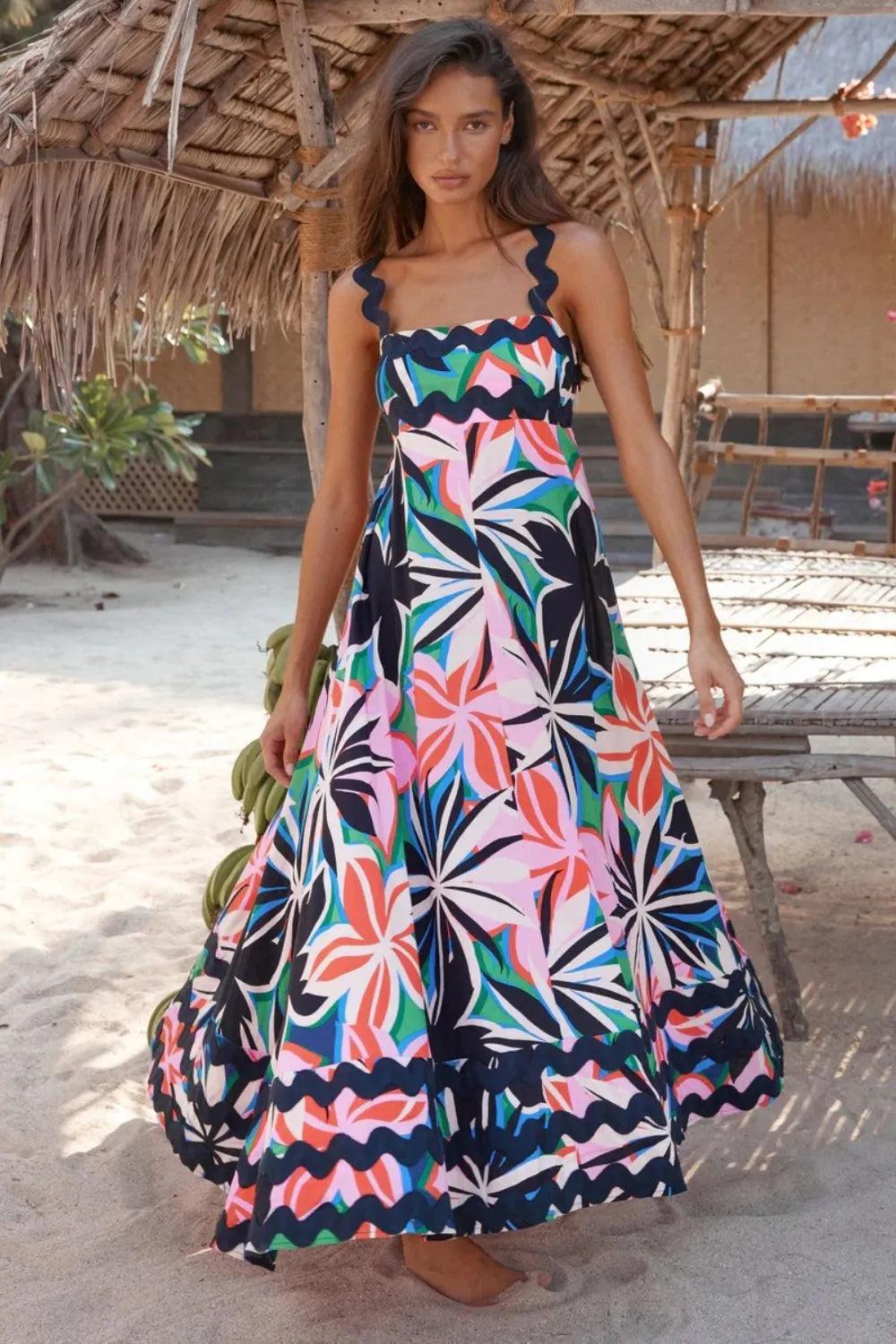 Square-neck wide-strap dress in multicolor floral print, flowing tiered skirt