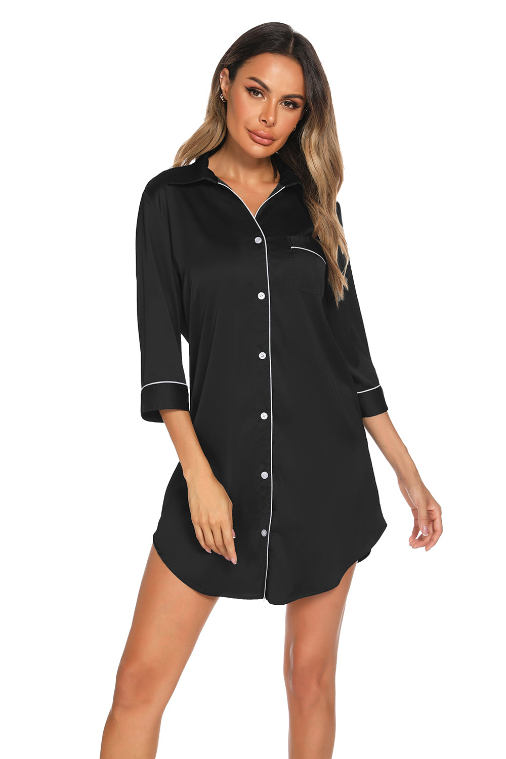 Black button-up collared night dress with chest pocket and contrast trim, front view