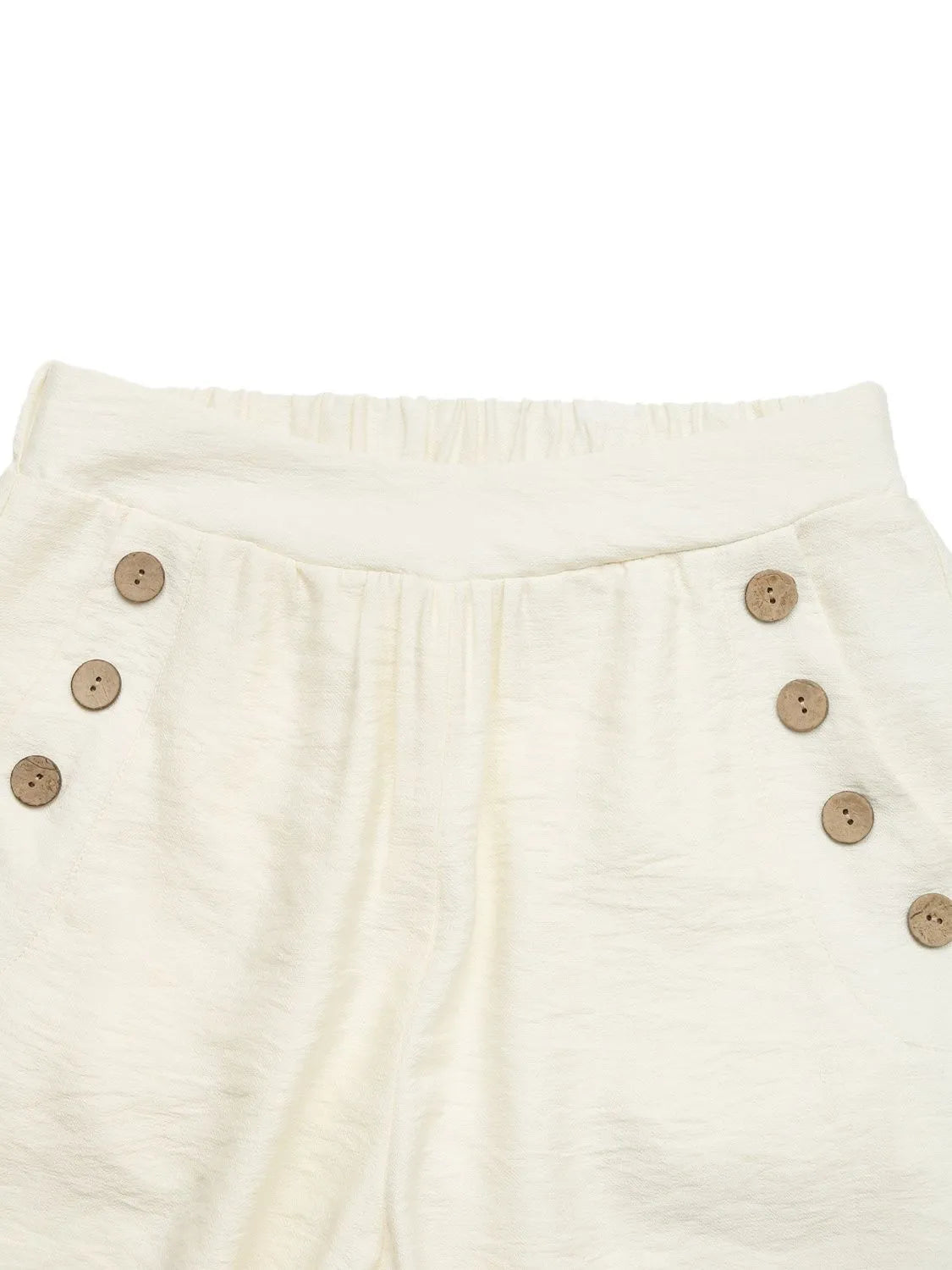 Cream elastic-waist pants with front button row