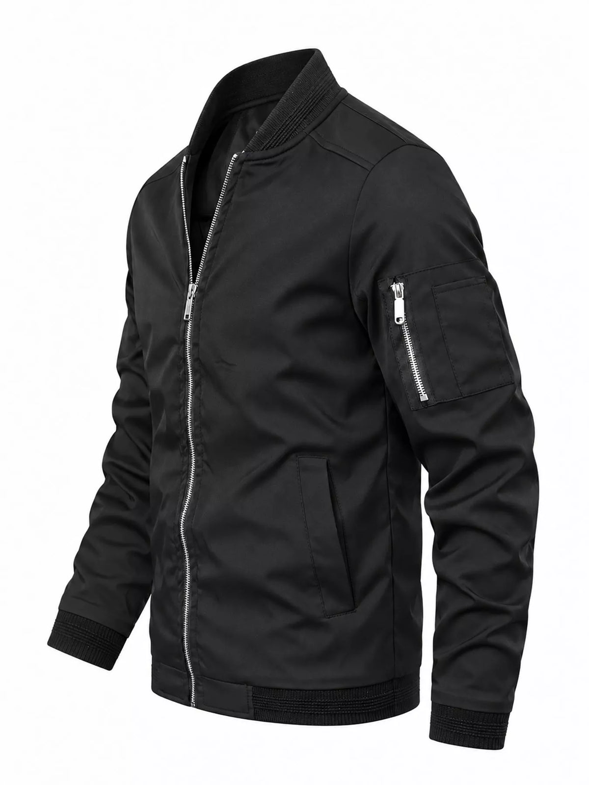 Men's lightweight bomber jacket with zip front, utility pocket, ribbed hem, black