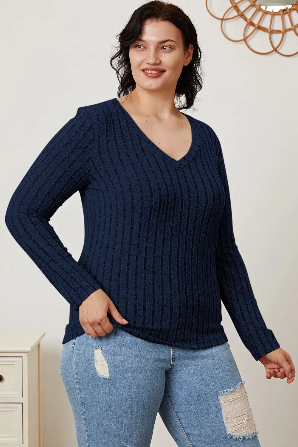 Cedar & Moore Basic Bae full-size navy ribbed V-neck long-sleeve T-shirt