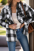 Black-and-white plaid button-up long-sleeve jacket with spread collar and front buttons