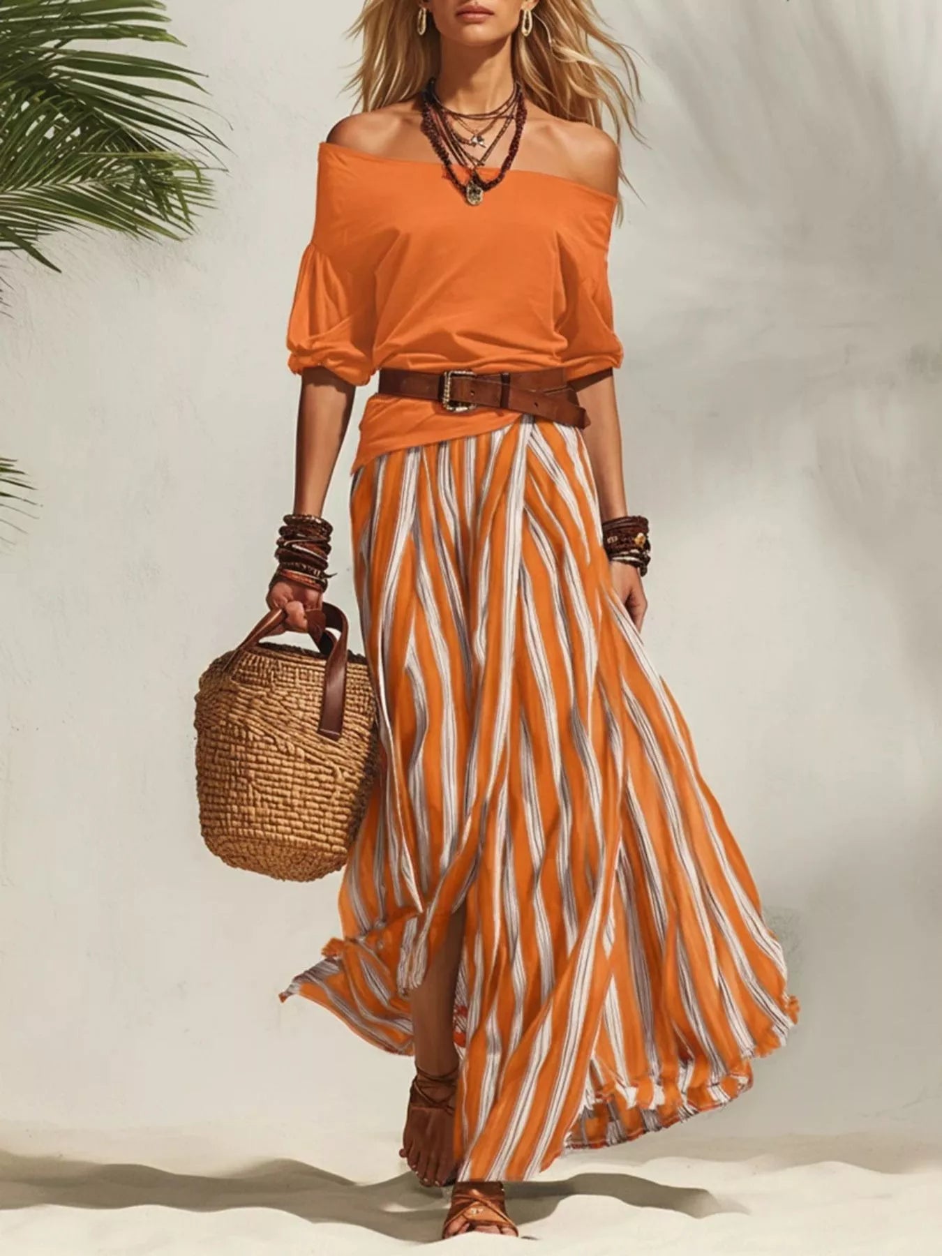 Orange off-shoulder top and orange-and-white striped maxi skirt set with brown belt.