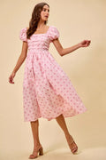Cedar & Moore SO ME pink polka dot cotton midi dress with short puff sleeves by Trendsi