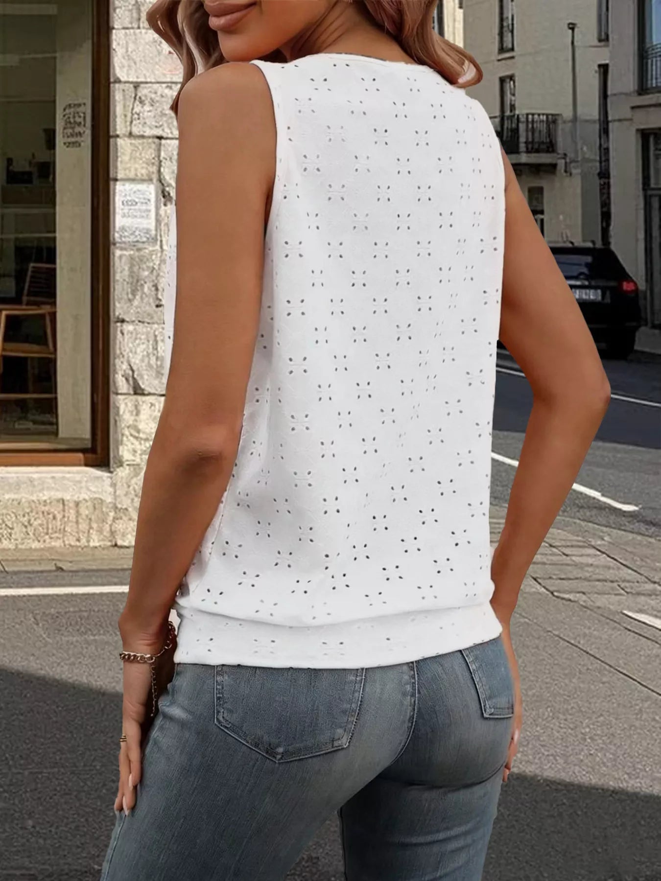 Cedar & Moore Eyelet Round Neck Cami in white with eyelet pattern, Trendsi