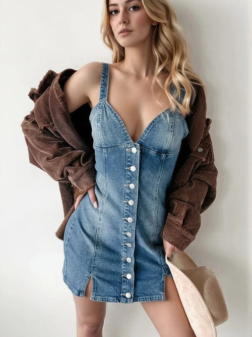 Light blue denim mini cami dress with deep V-neck and silver front buttons
