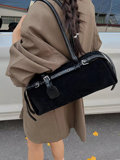 Buckle-decor shoulder bag with adjustable strap, dark fabric body, and small front buckle