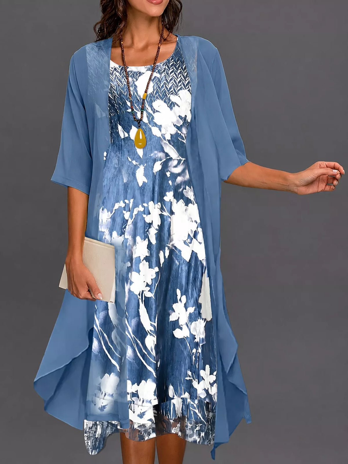 Blue floral print midi dress with sheer chiffon cardigan, draped hem, elbow sleeves