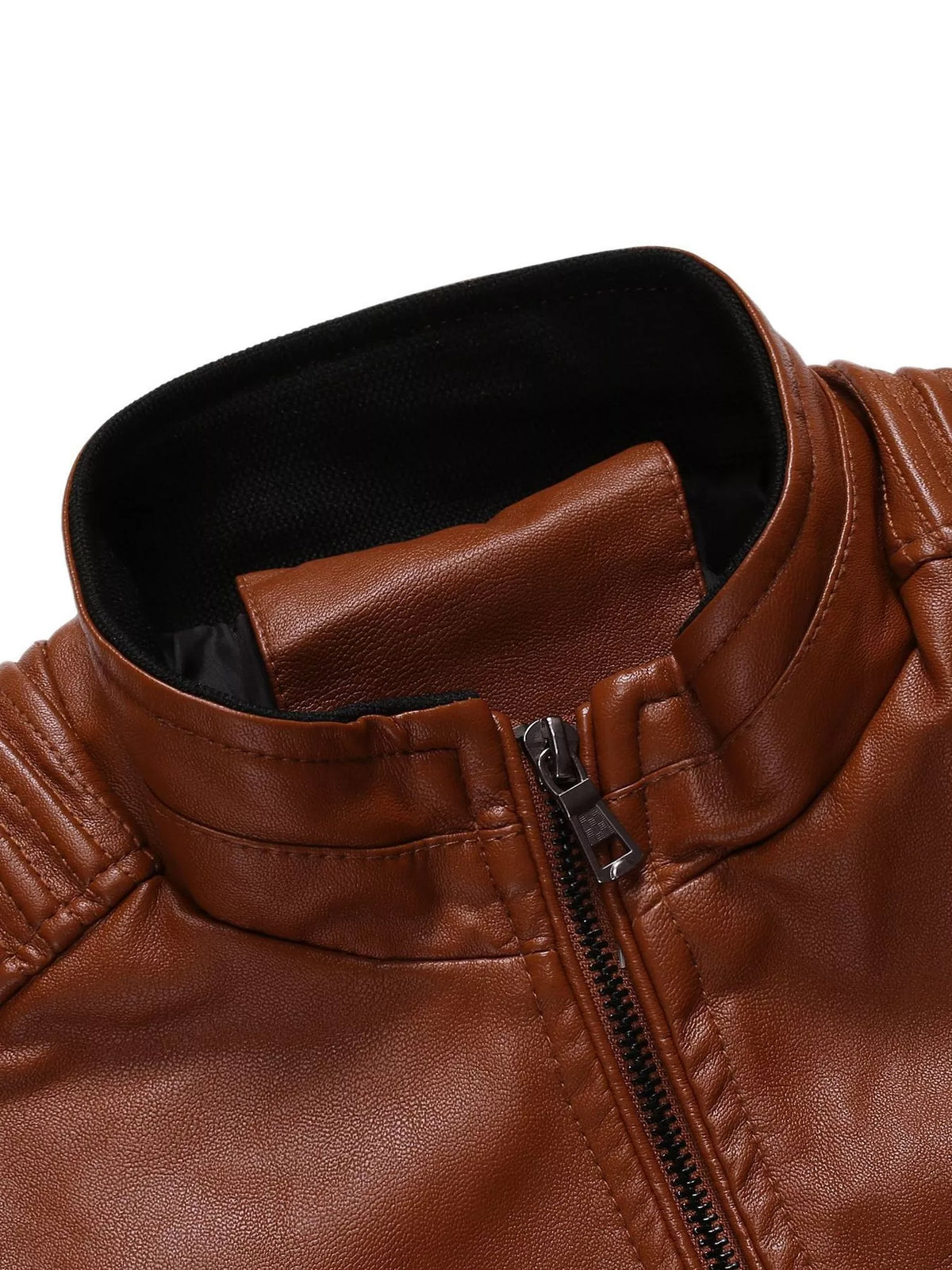 Brown men's zip-up motorcycle jacket, raised collar and front zipper detail