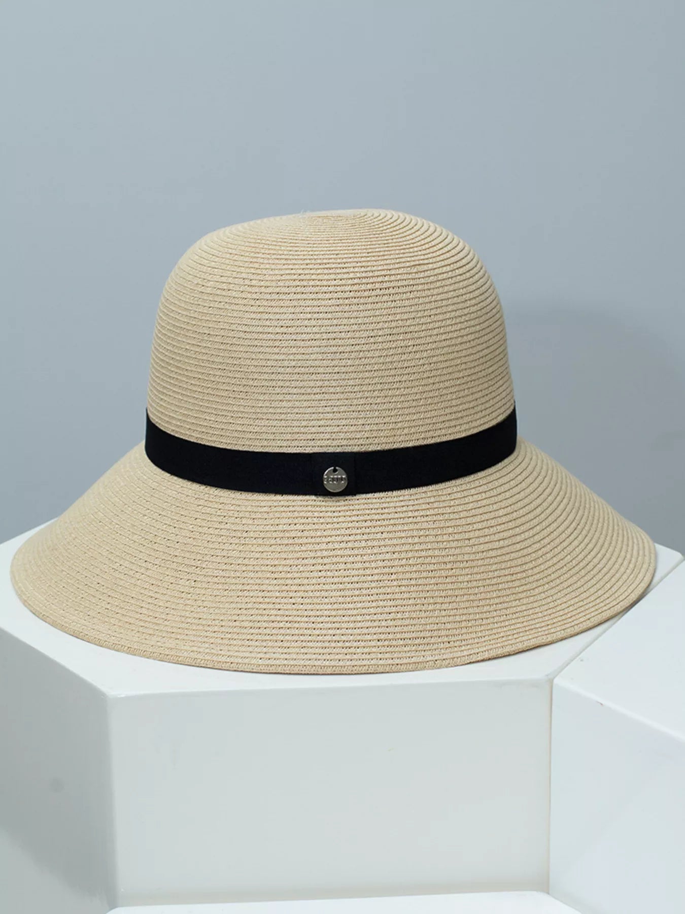 Cedar & Moore Straw sun hat with black ribbon band, natural beige woven straw