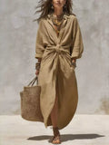 Khaki linen-blend maxi dress with V-neck and front tie detail, long sleeves