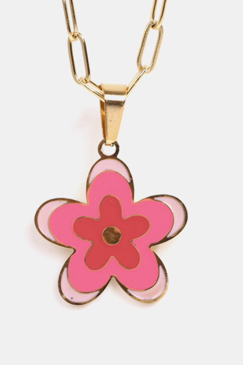 Gold-tone flower pendant necklace with pink enamel petals and small bronze center