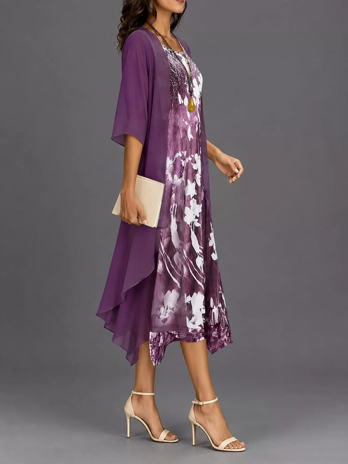 Floral dress and chiffon cardigan set with purple layered cardigan over lavender floral print