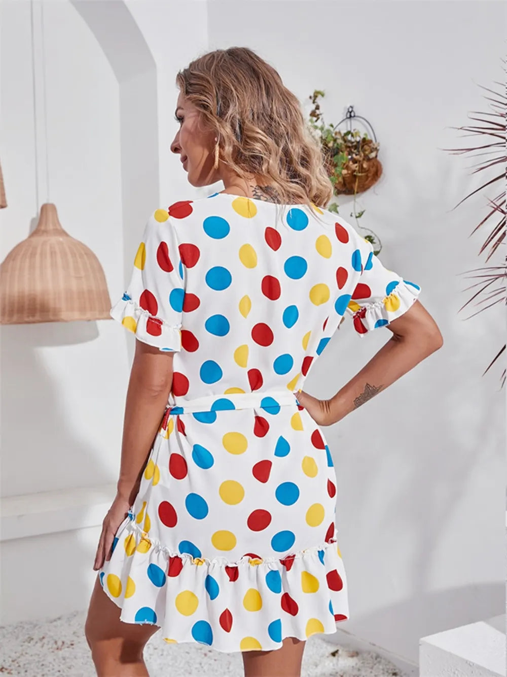 Tied Frill Short Sleeve Mini Dress by Trendsi in white with multicolor polka dots; tie waist, ruffle hem