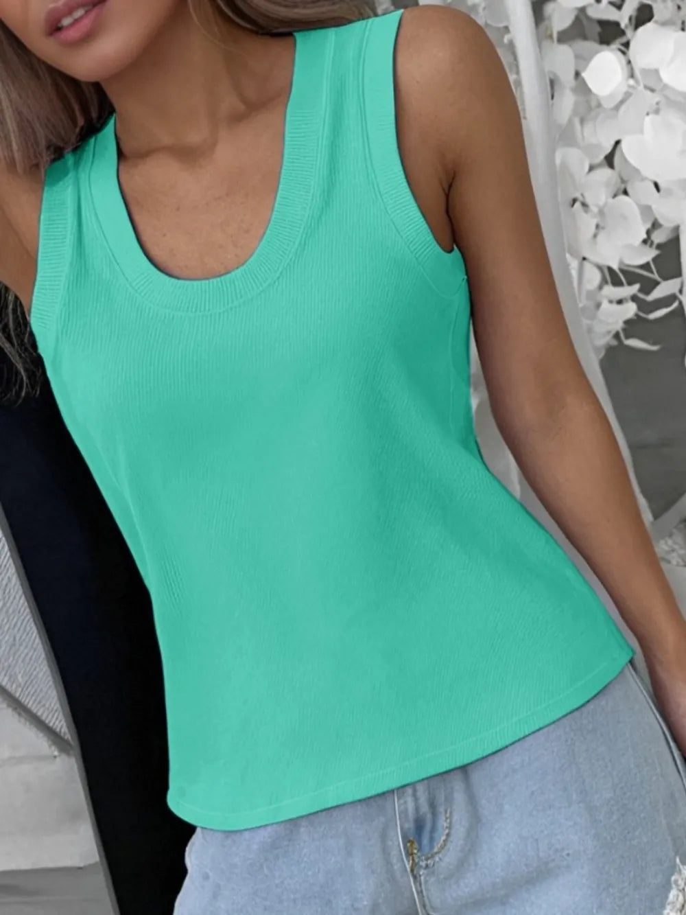 Turquoise solid scoop neck tank top, sleeveless knit with straight side seams