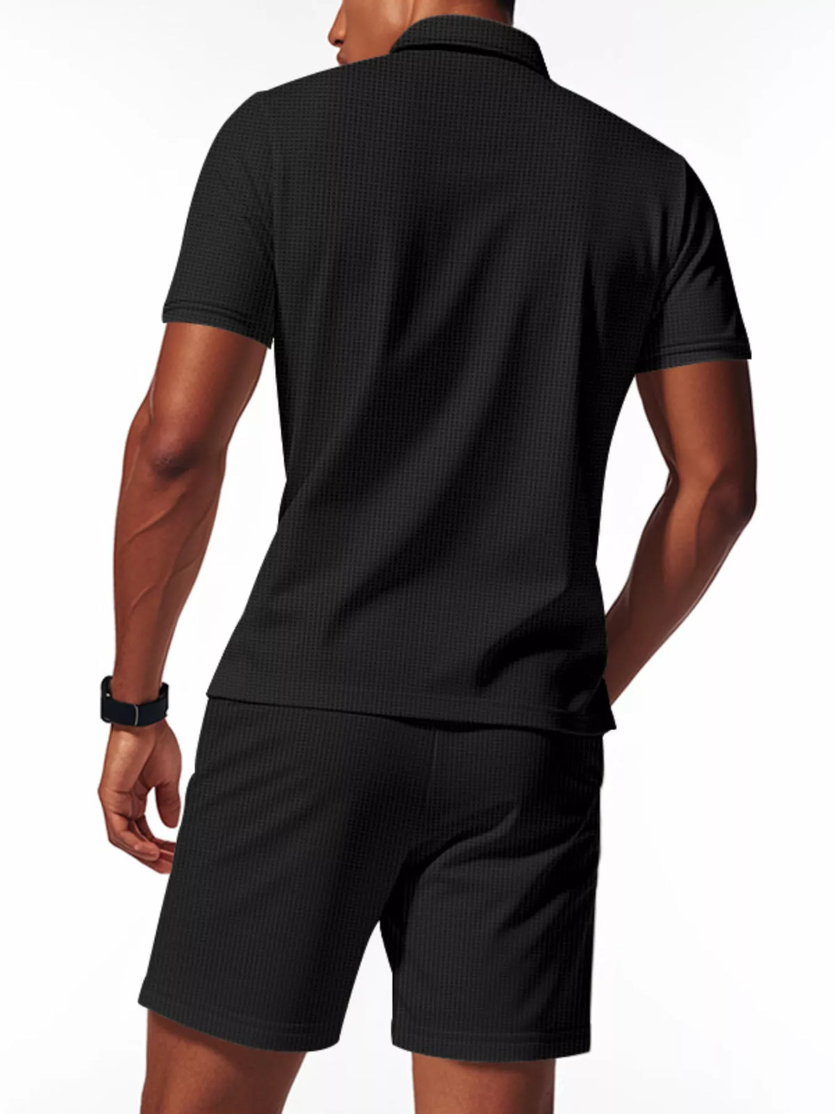 Mens textured short-sleeve polo and shorts set, black, back view
