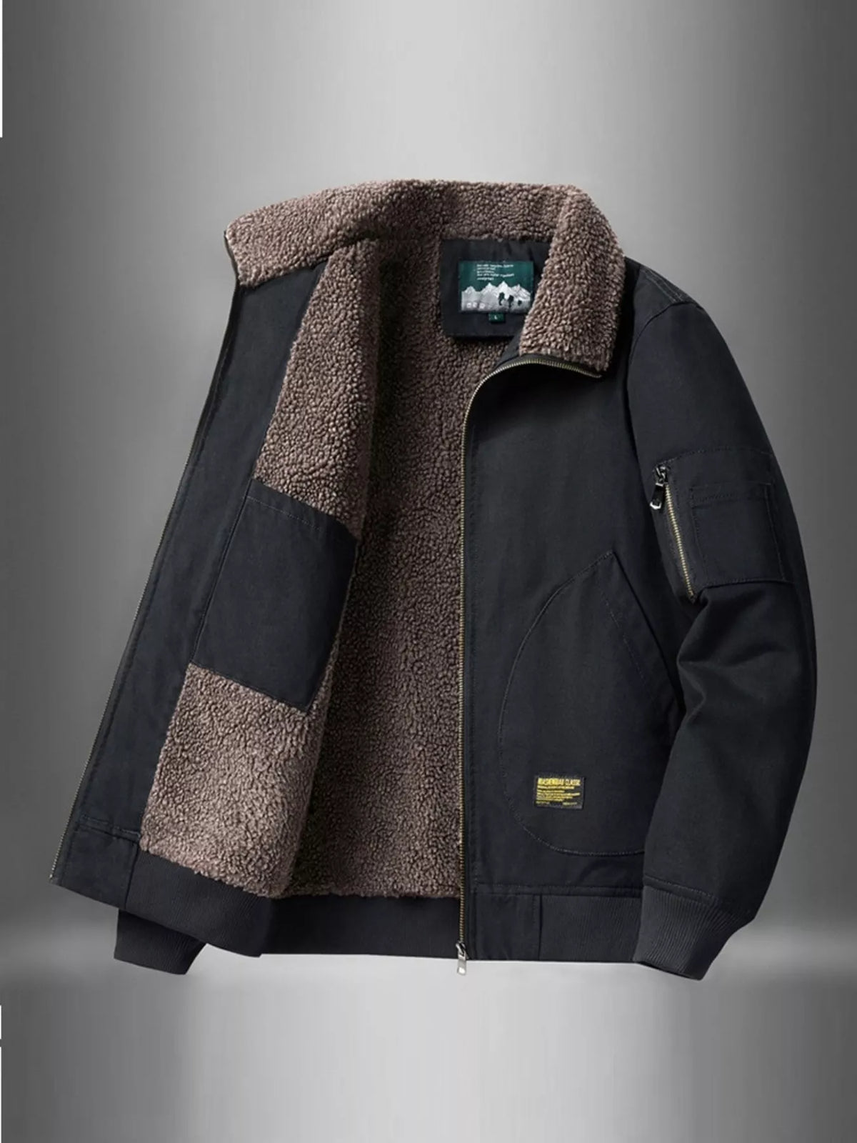 Men's thermal zip-up jacket, black with sherpa-lined collar and angled side zip pocket