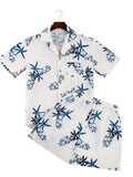 Printed button-up shirt and shorts set, white with blue floral pattern