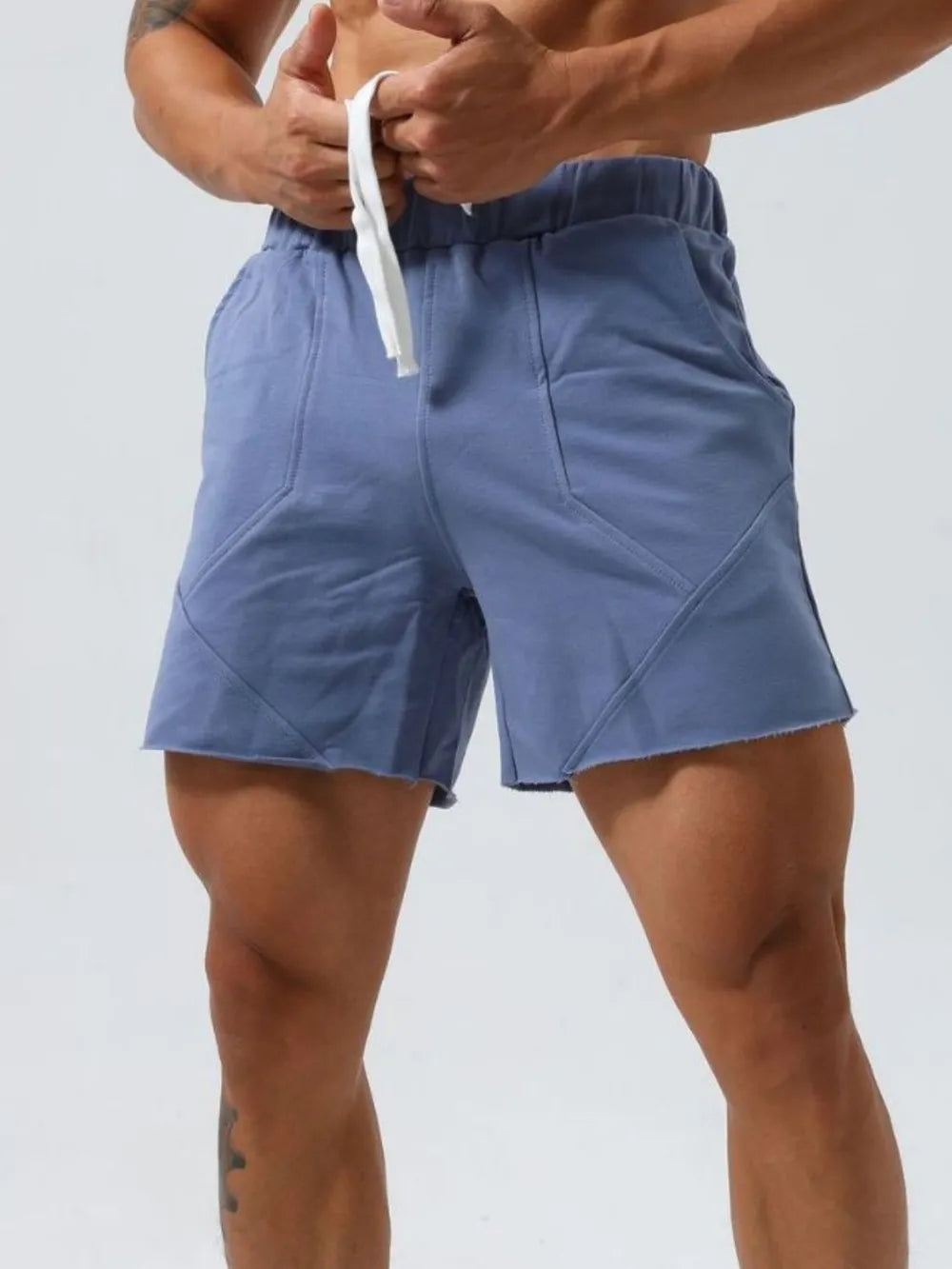 Men's plus-size drawstring elastic waist shorts, dusty blue, front pockets and drawstring