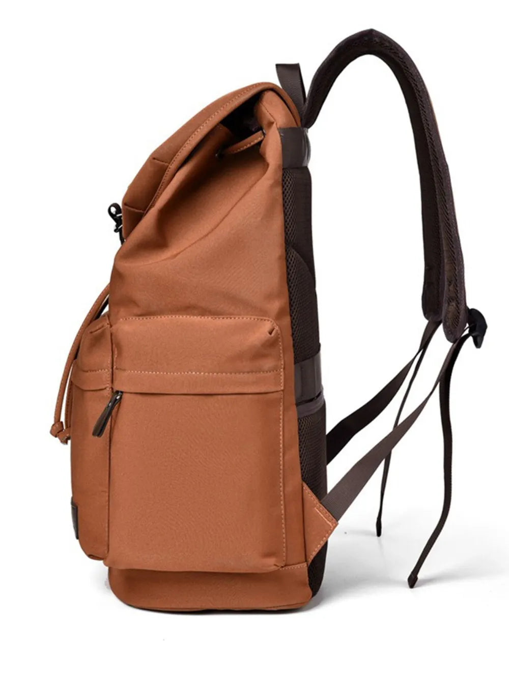 Ochre canvas backpack with adjustable shoulder strap and side zip compartment
