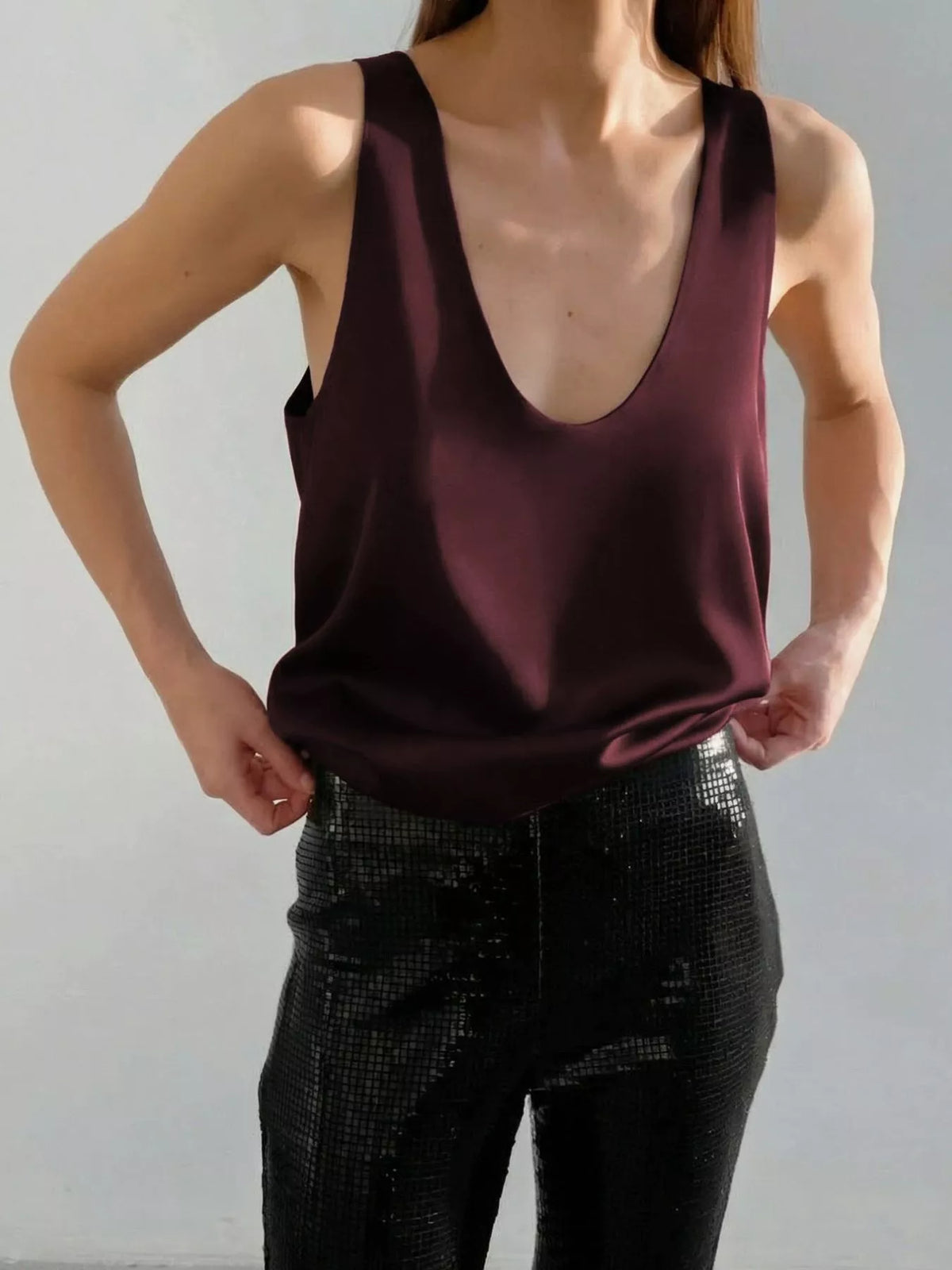Wine red satin deep V-neck stretch tank top, sleeveless fitted women's top