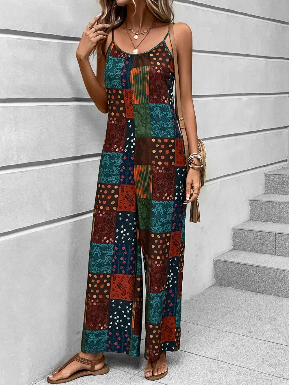 Multicolor patchwork printed scoop-neck jumpsuit with spaghetti straps and wide legs