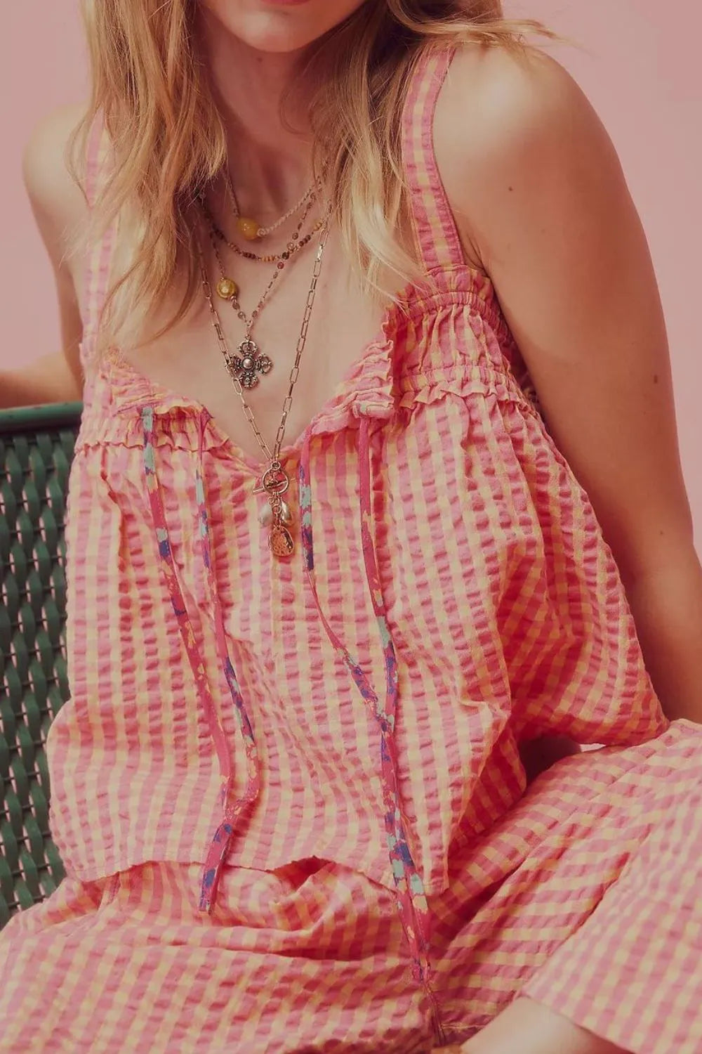 Coral gingham square-neck cami with ruffled neckline and tie-front detail