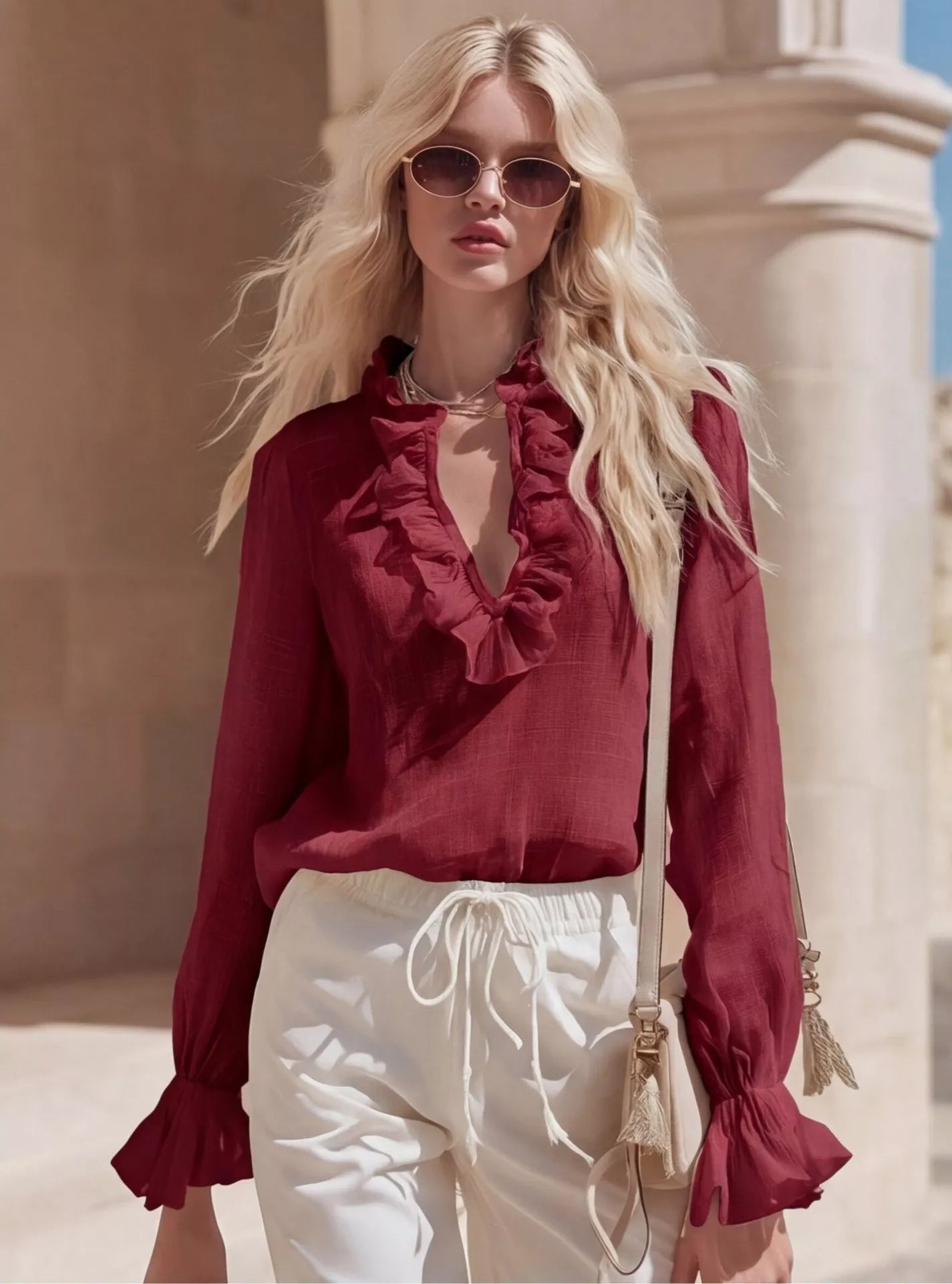 Burgundy ruffled V-neck long-sleeve blouse with frilled front detail
