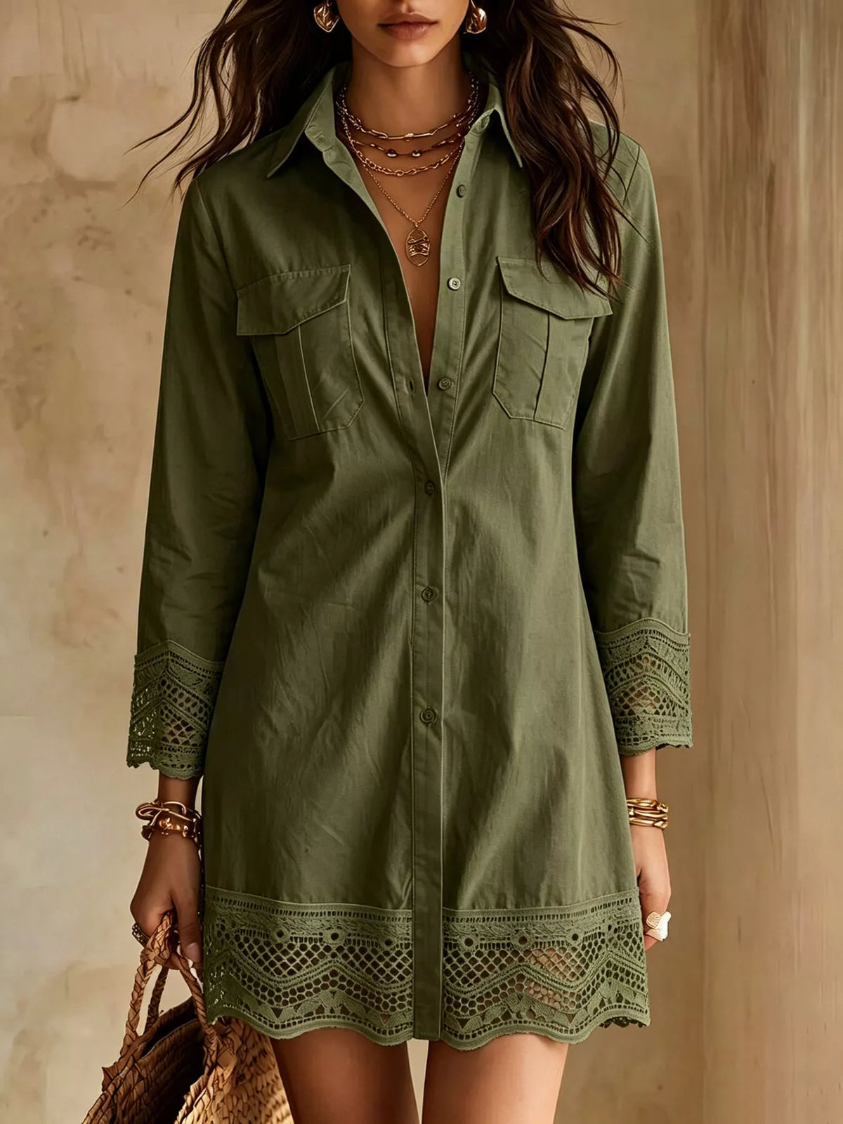 Army green button-down shirt dress with lace-trimmed cuffs and hem