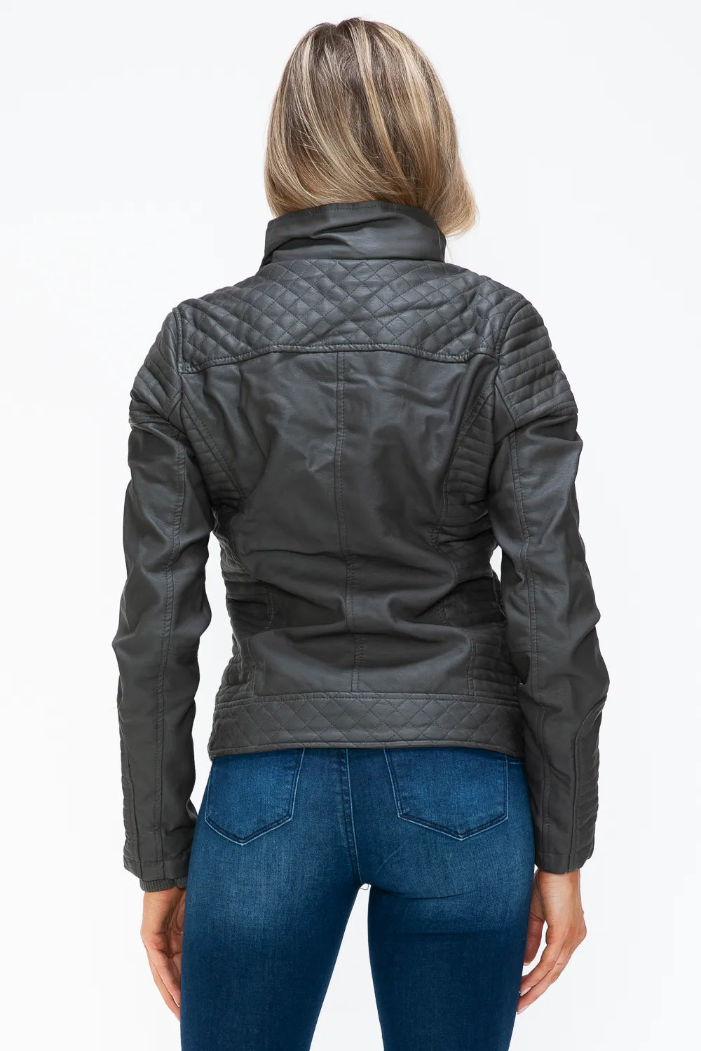 Charcoal quilted double-zip jacket, back view with yoke seam detail