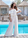 White off-shoulder ruffled wide-leg jumpsuit with tiered neckline and tie waist