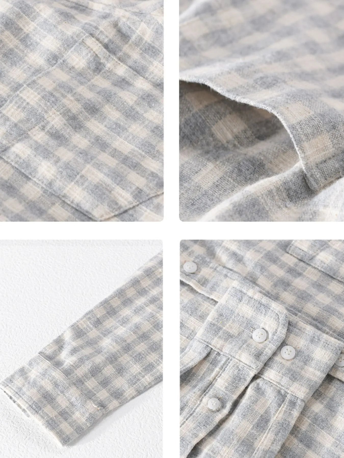 Gingham shirt fabric close-up, light gray and white check, cuff button detail