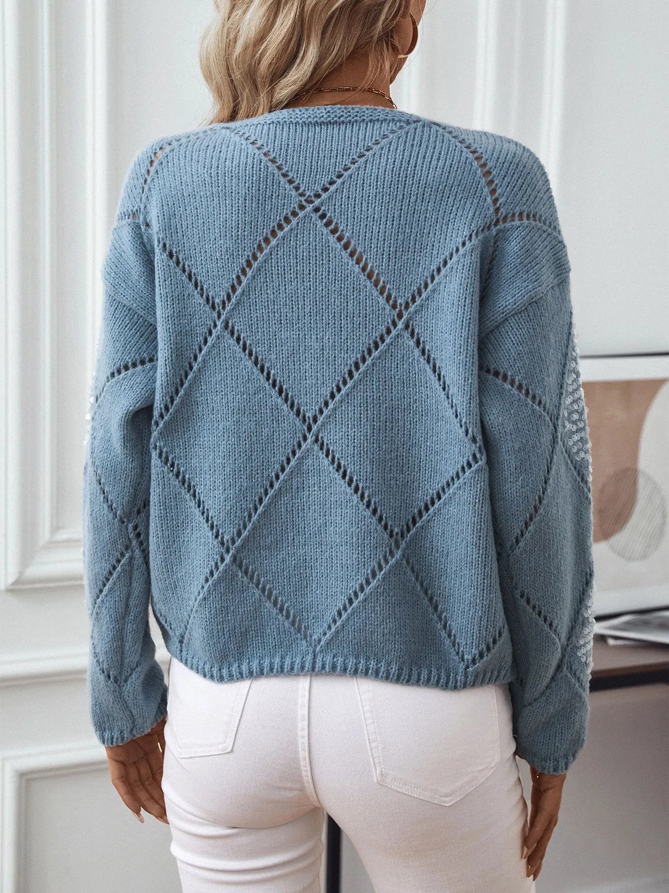 Blue sequin openwork long-sleeve sweater with diamond back design