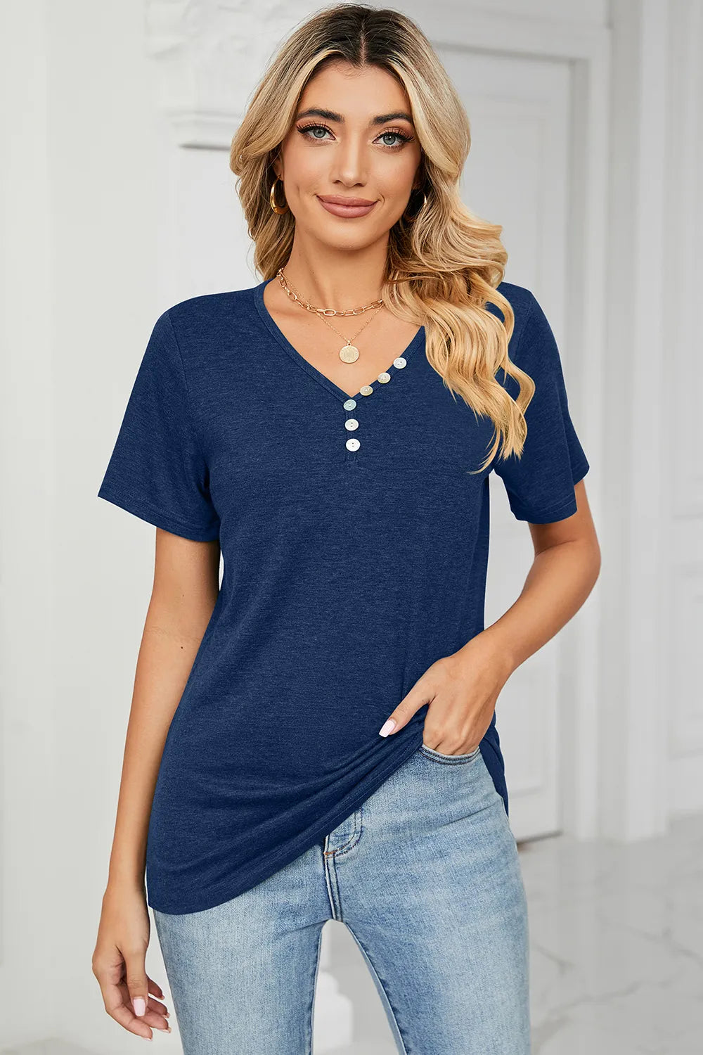 V-neck short-sleeve T-shirt, dark blue with small button placket at V neckline