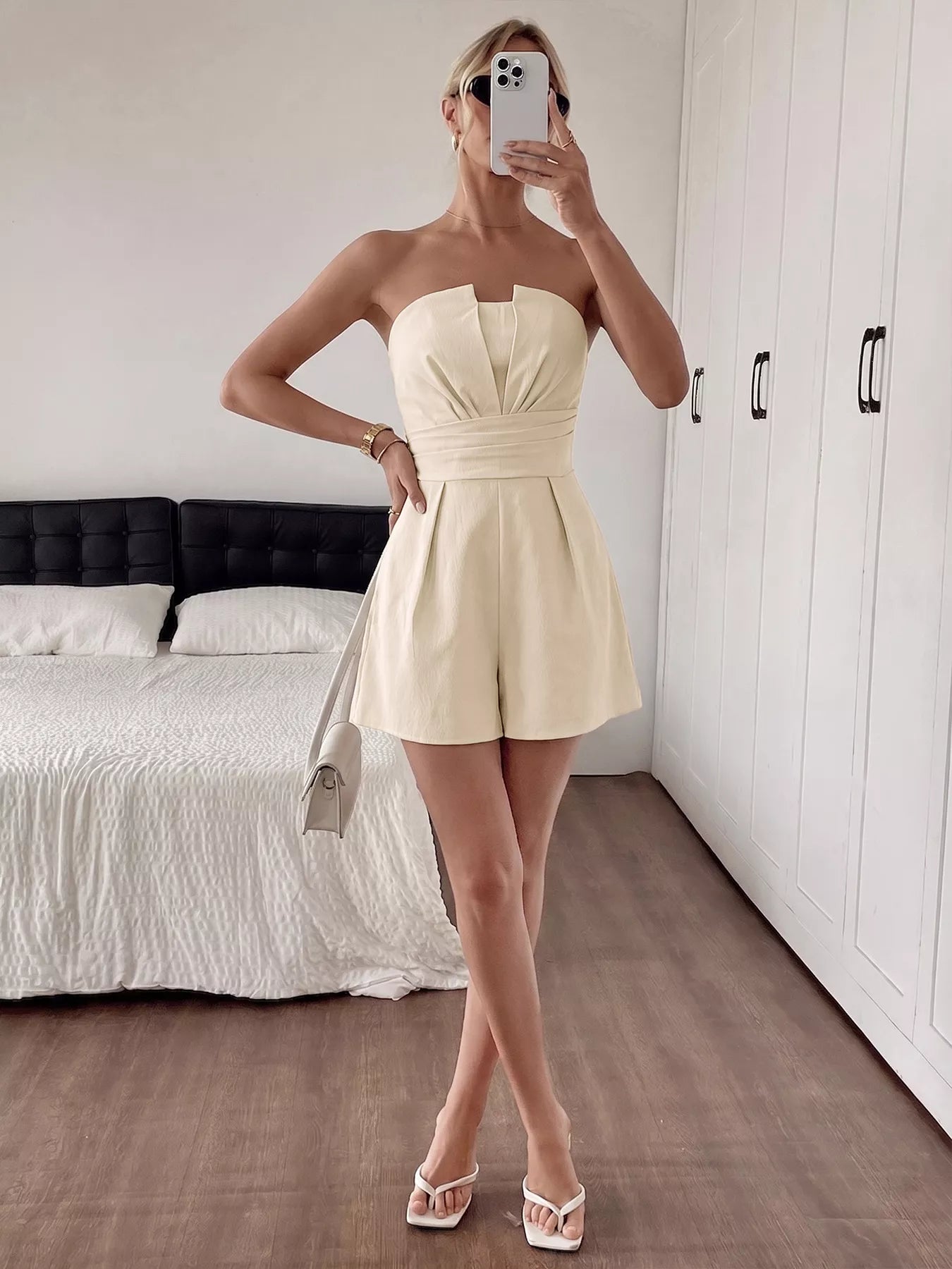 Cedar & Moore Strapless Pleated Detail Romper in ivory with a wide waistband