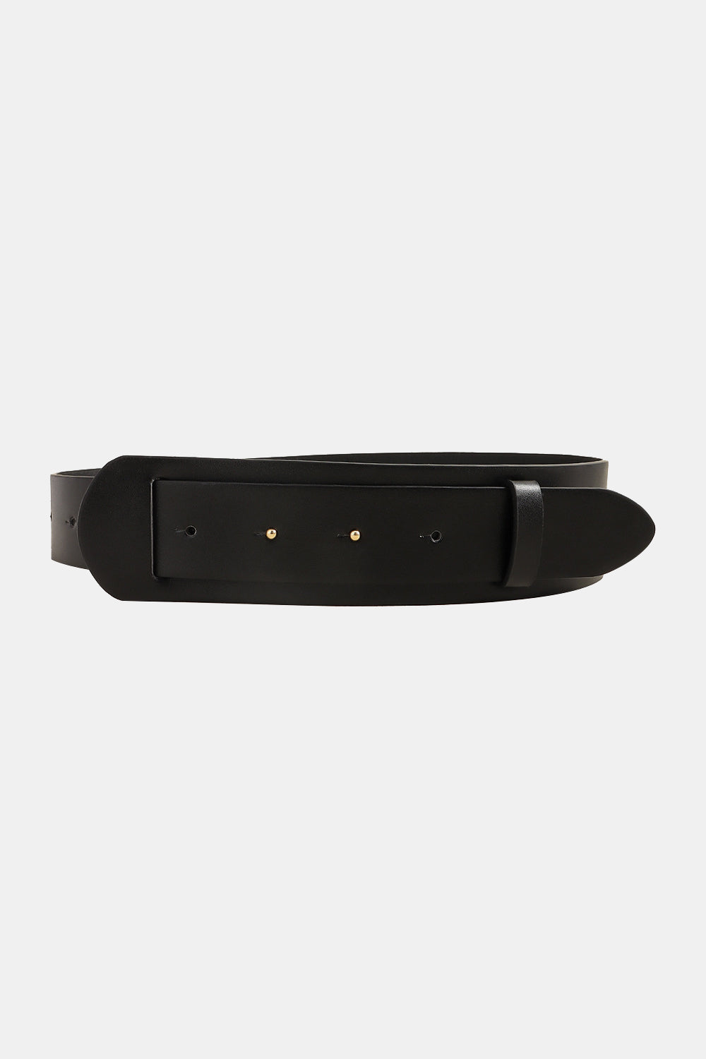 Vegan leather belt in black, wide strap with rectangular buckle plate and metal pin holes