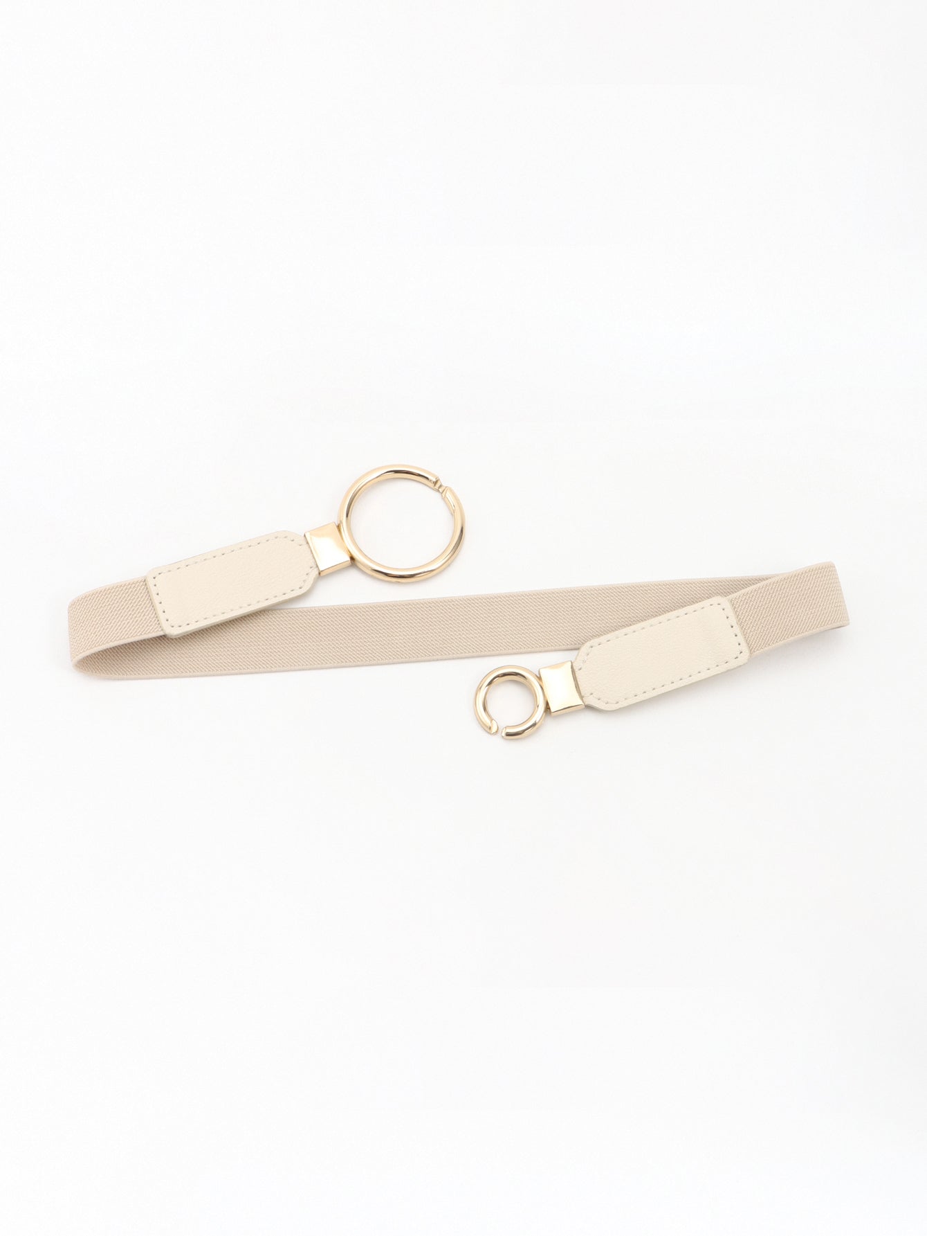 Cream elastic vegan leather belt with double-ring buckle and adjustable end tabs