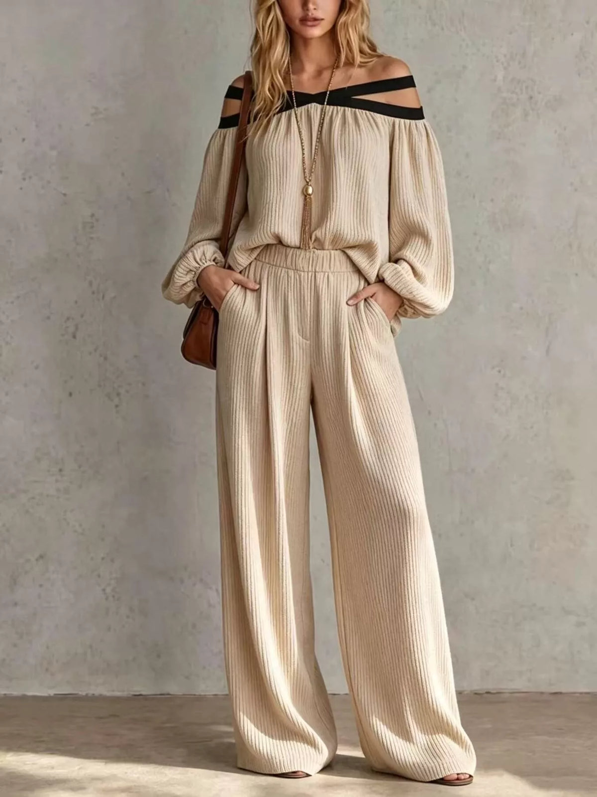 Beige off-shoulder ribbed knit set with long sleeves and wide-leg pants
