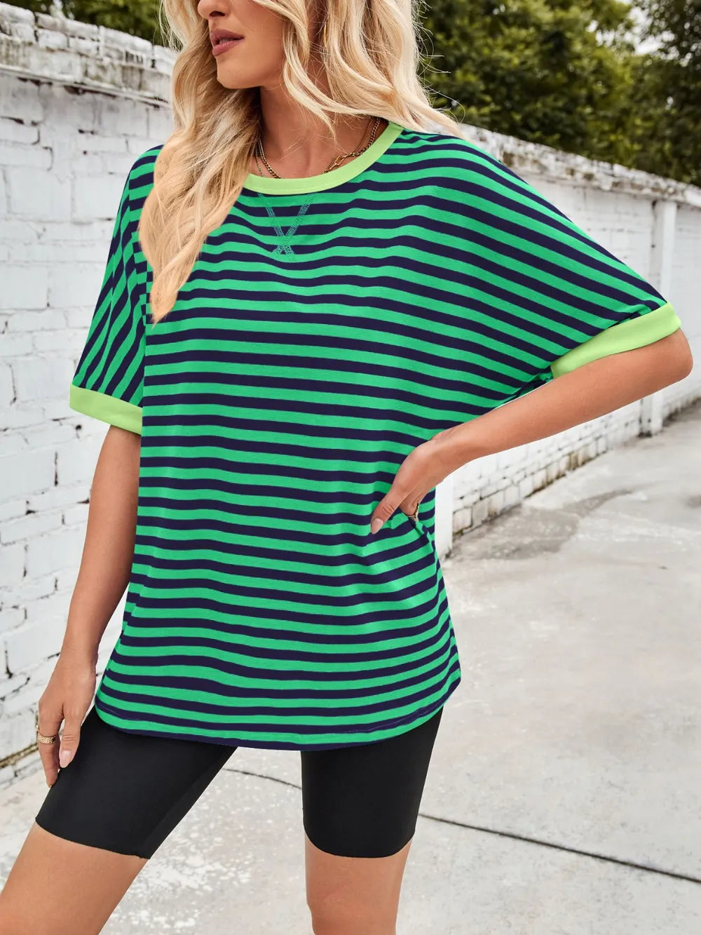Green striped round-neck half-sleeve T-shirt with lime-trimmed crew neckline