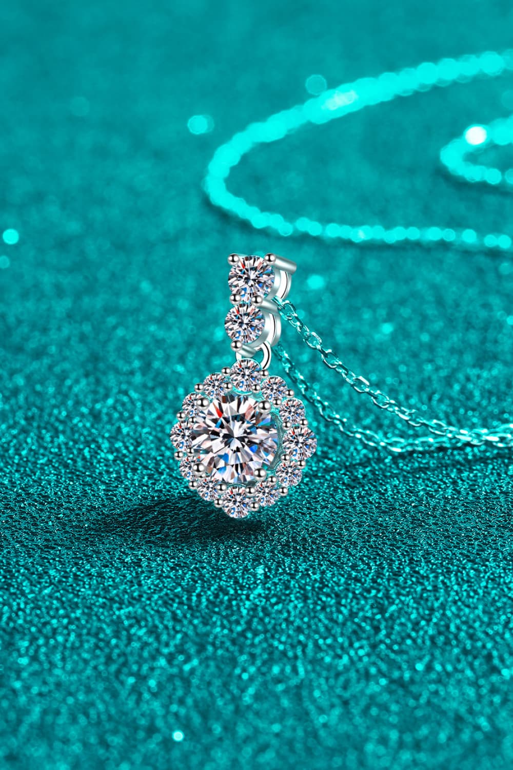 Moissanite pendant necklace in 925 sterling silver, round halo stones on link chain