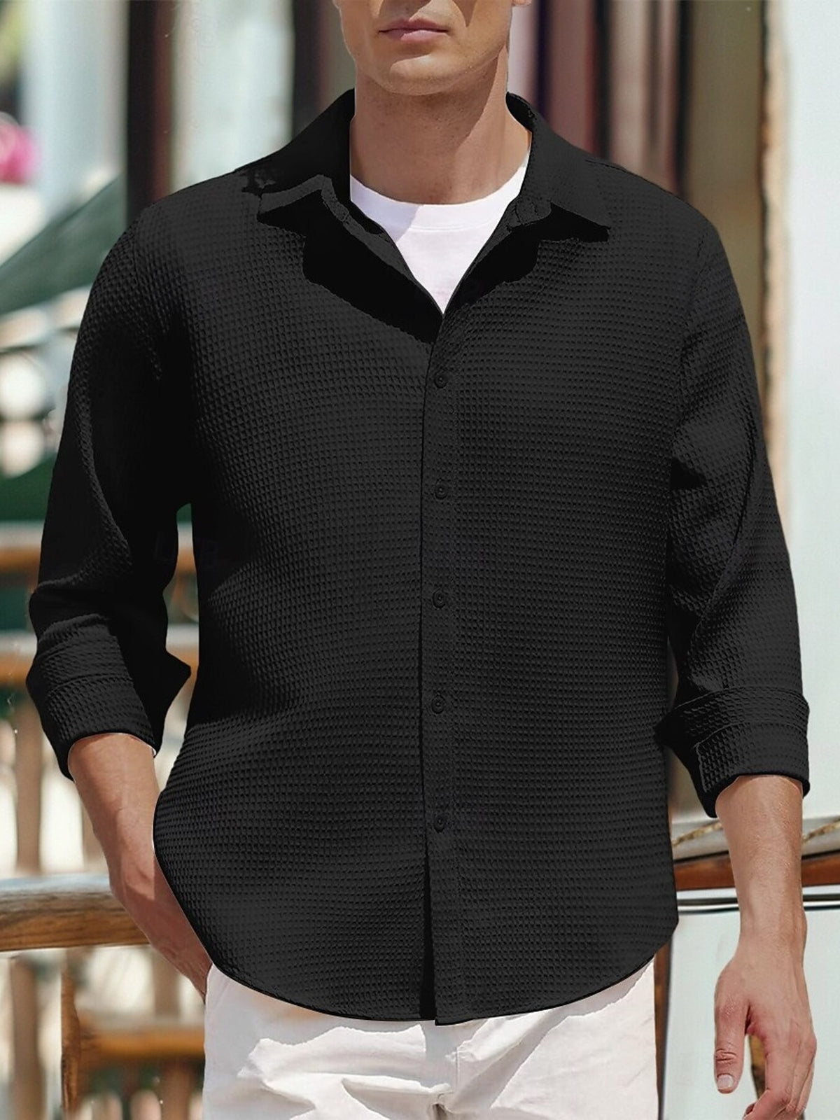Men's black waffle knit cotton button-front shirt, long sleeves, button closure