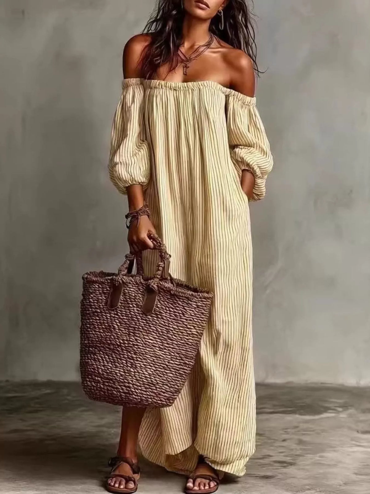 Off-shoulder striped maxi dress with puff sleeves, smocked neckline, pale yellow vertical stripes