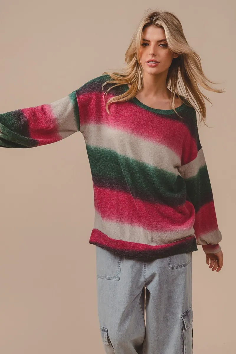 Striped knit top with crew neck; long sleeves and ribbed hem; fuchsia, cream, dark green