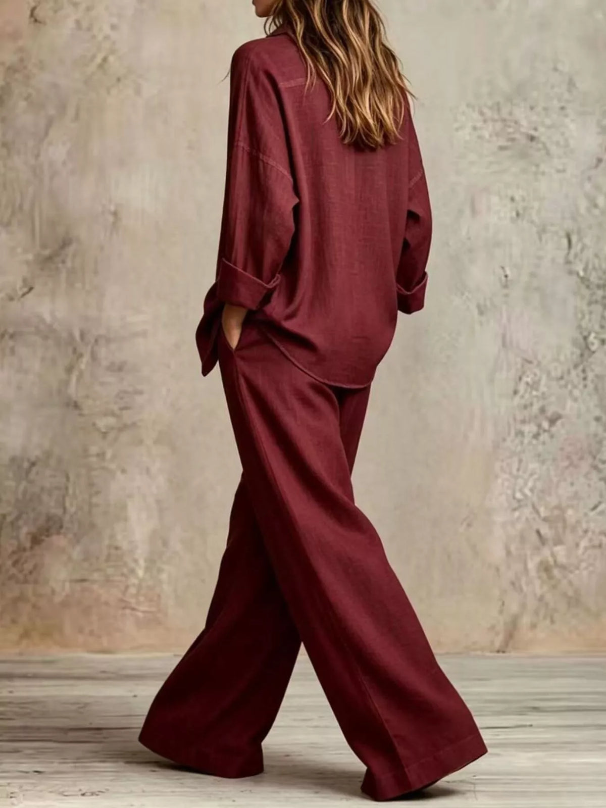 Burgundy wide leg button-down shirt and pants set with wide-leg trousers
