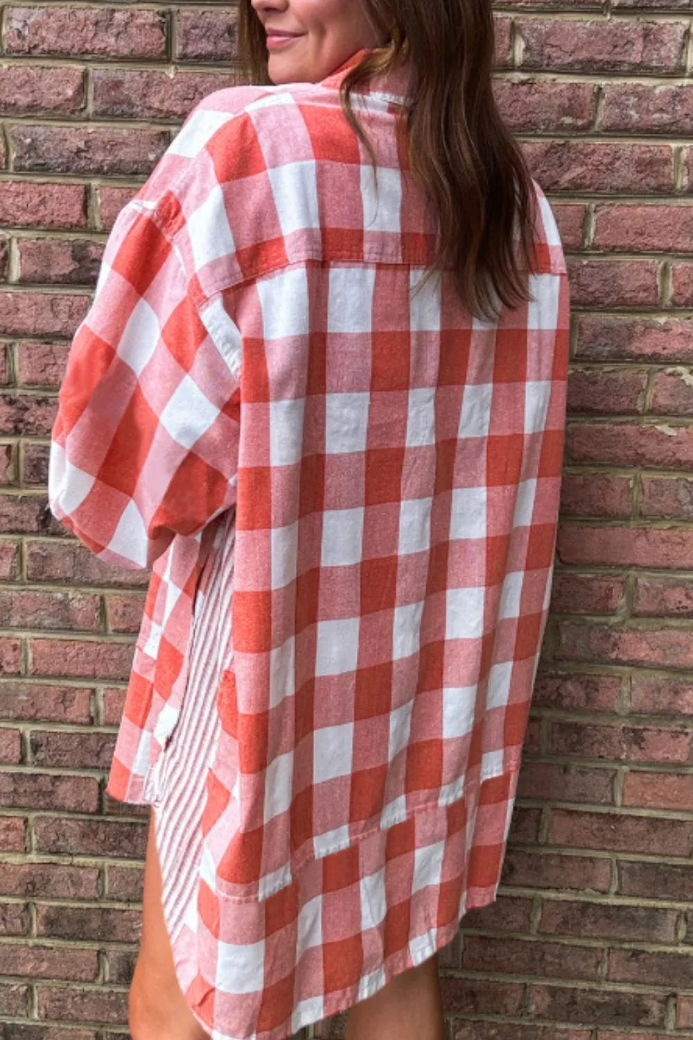 Strawberry plaid shirt dress back view, loose long sleeves with gathered cuffs