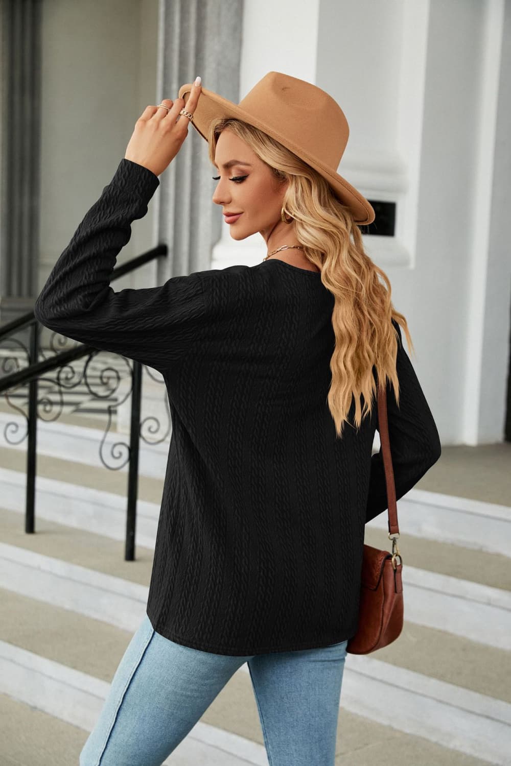 Cedar & Moore Decorative Button V-Neck Long Sleeve T-Shirt, black textured solid pattern